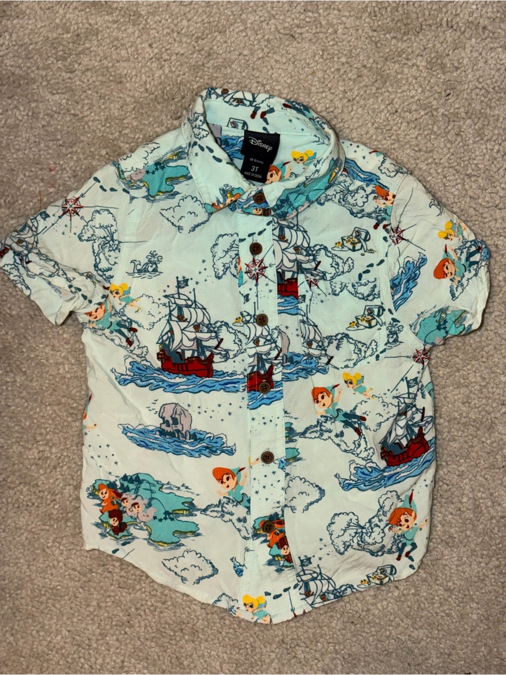 Disney Boys' Light Blue Peter Pan Neverland Print Short Sleeve Shirt 3t